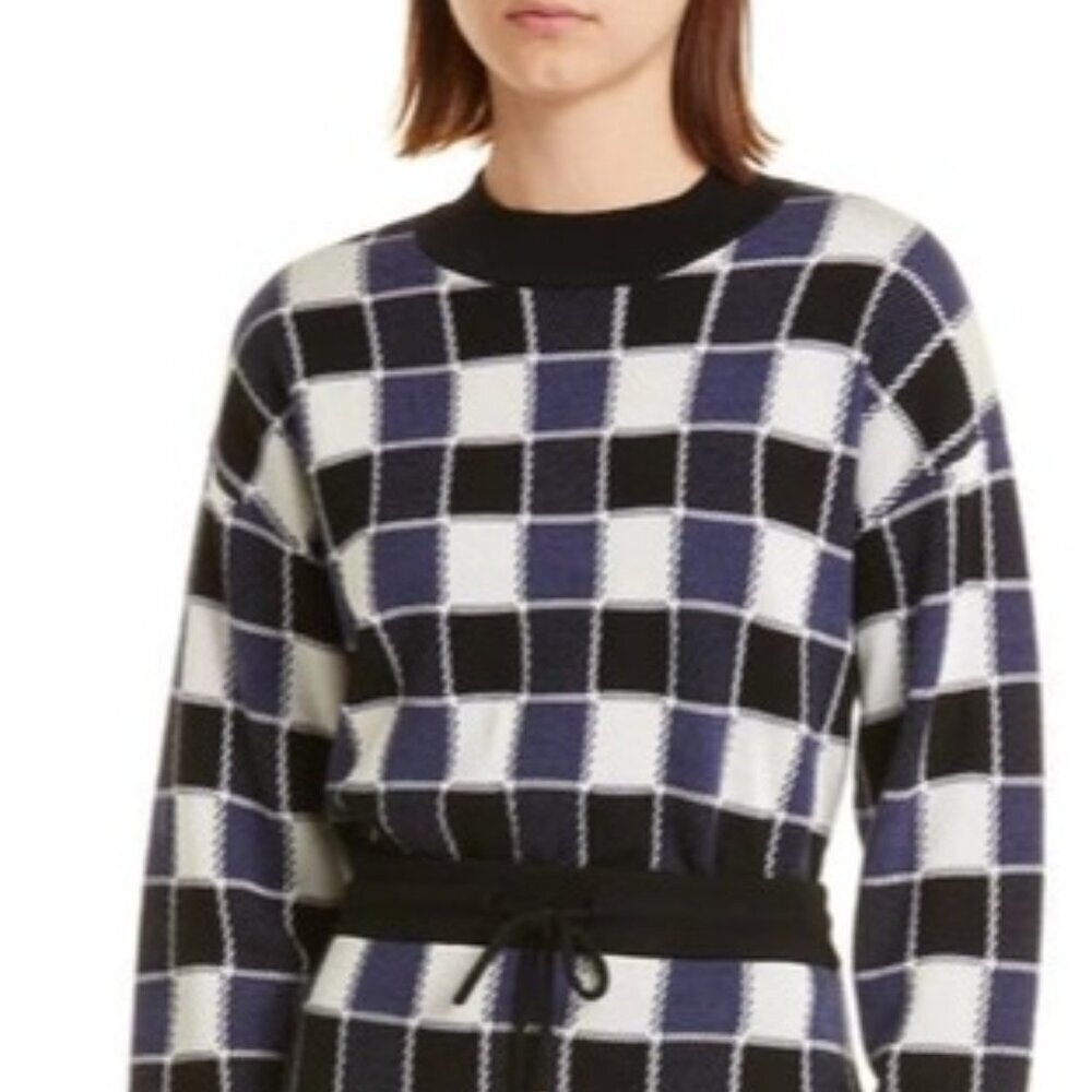 Hugo Boss Fiametta Checker Sweater Womens Size L Drop Shoulder Crewneck Wool
